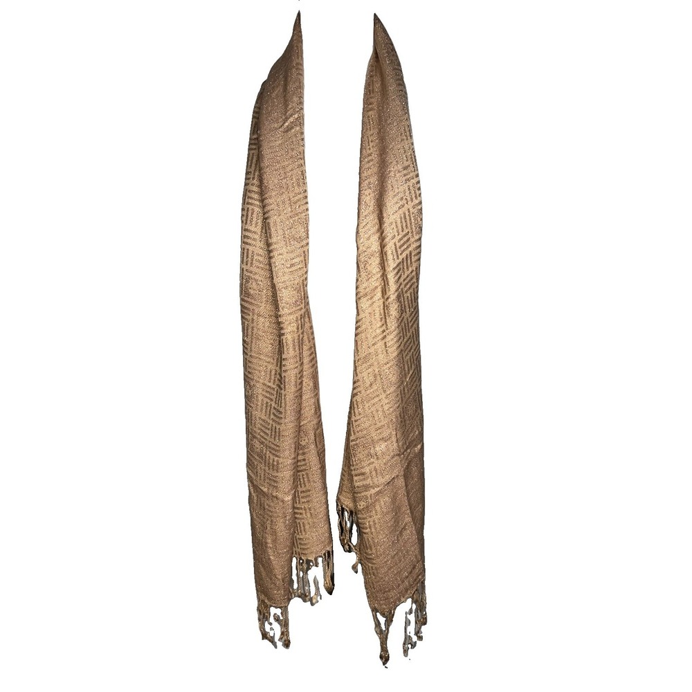 Anne Klein Gold Metallic Geometric Signature Logo Rectangular Fringe Scarf Read